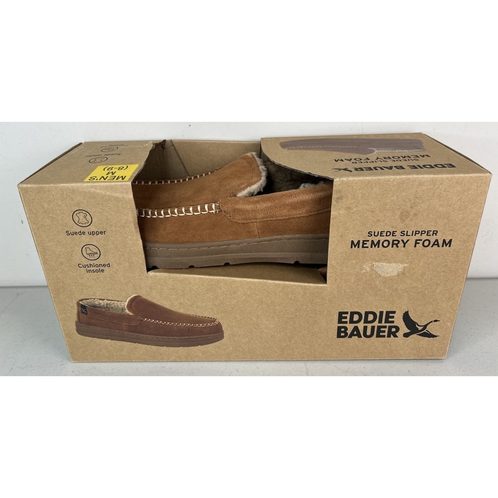 NEW Eddie Bauer Men's Suede Memory Foam Faux Fur House Slippers Brown Sz M (8-9)